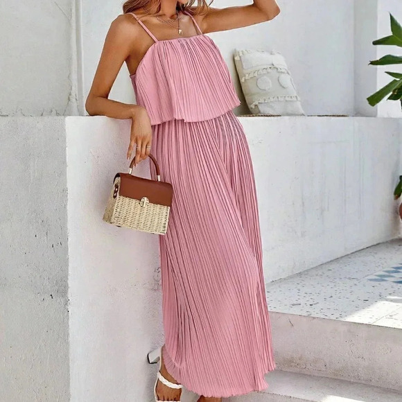 Pink Preppy Womens Solid Pleated Cami Jumpsuit - Picture 4 of 5